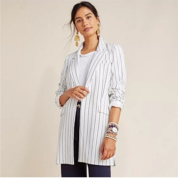 ANTHROPOLOGIE LONGLINE THIN STRIPE OPEN FRONT BLAZER POCKETS SIZE SMALL NWT - Picture 2 of 14